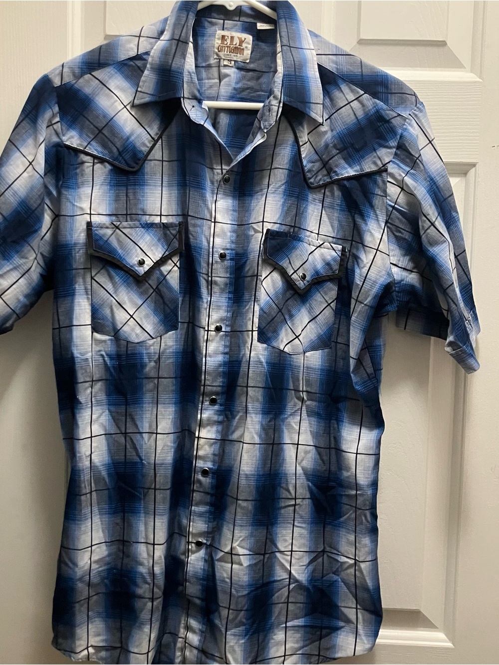 Ely Cattleman Western Shirt Pearl Snap Mens M Blue Plaid Rodeo Medium